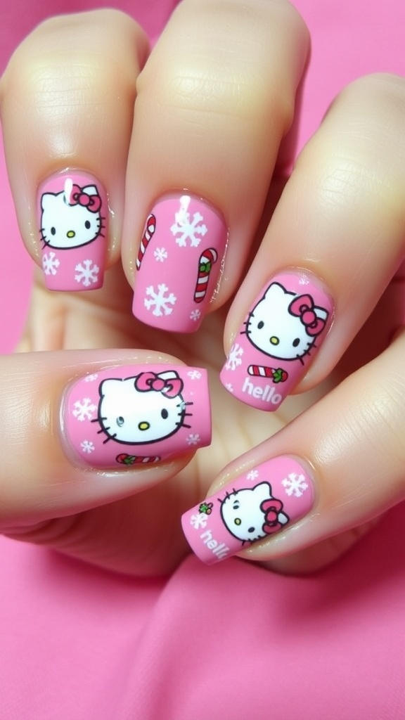 Festive pink Hello Kitty nails with Christmas designs including snowflakes and candy canes.
